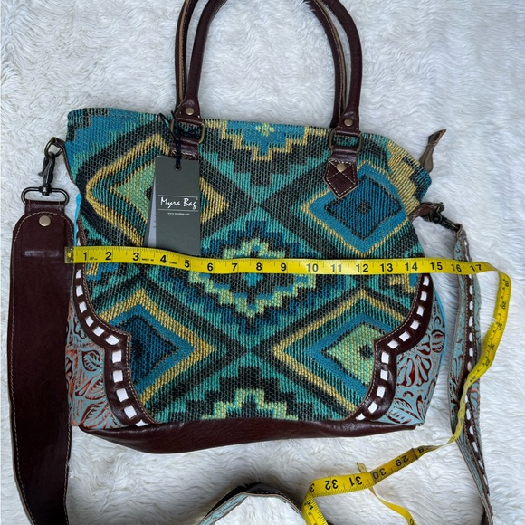 NWT Myra Curation Tote Bag Cotton Leather Turquoise Blue Brown Western Aztec - Picture 2 of 11